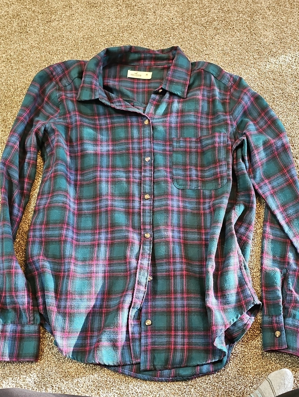 Hollister Teal & Pink Plaid Button-Down Shirt
